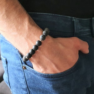 Mens bracelet Lava stone Handmade Jewelry for men Gift for him Natural black gemstone bracelet Mens beaded bracelet Volcanic bracelet.