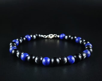 Mens bracelet lapis lazuli black onyx gemstone Handmade Jewelry for men beaded bracelet Natural blue stone unique gift for him Gnatus