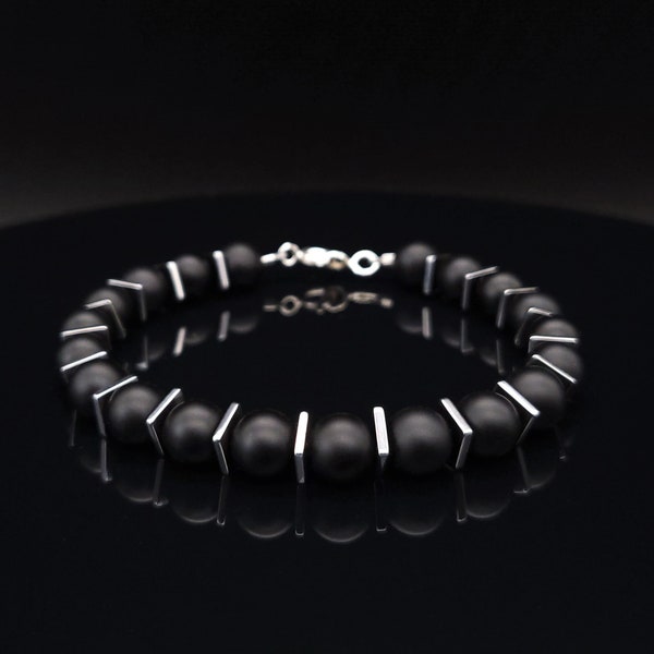 Bracelet homme en onyx noir Bijoux faits main pour homme Cadeau pour lui Bracelet en pierre noire naturelle Bracelet de perles pour homme Bracelet géométrique.