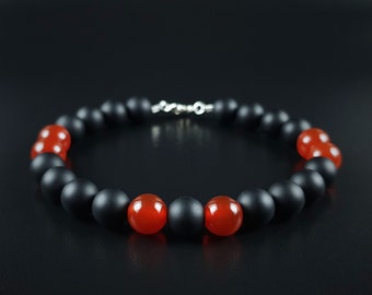 Mens bracelet black Onyx & Carnelian gemstone Handmade Jewelry for men beaded bracelet Natural black stone unique gift for him Gnatus