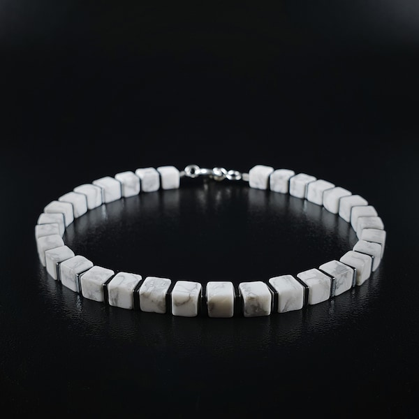 Bracelet homme pierre précieuse howlite blanche, bijoux faits main pour homme, bracelets en pierre naturelle pour homme, cadeaux uniques pour homme, cadeau pour lui