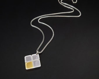Mens silver gold pendant with chain, Handmade jewelry for men, Square pendant necklace men, Mens jewelry, Unique gift for men, Gift for him