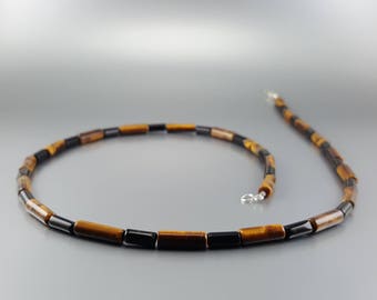 Mens necklace Tigers Eye gemstone, Handmade Jewelry for men, Beaded Stone necklace, Black and yellow, Unique gifts for men, Gift for him