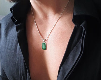 Mens silver rectangle necklace green Malachite gemstone Handmade Jewelry for men Sterling Silver Pendant Unique Gift for Him Gnatus