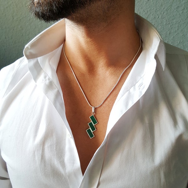 Herren Silber geometrische Halskette Malachit Edelstein, Handgemachter Schmuck für Männer, Kette mit Anhänger, Einzigartige Geschenke für Männer, für Ihn