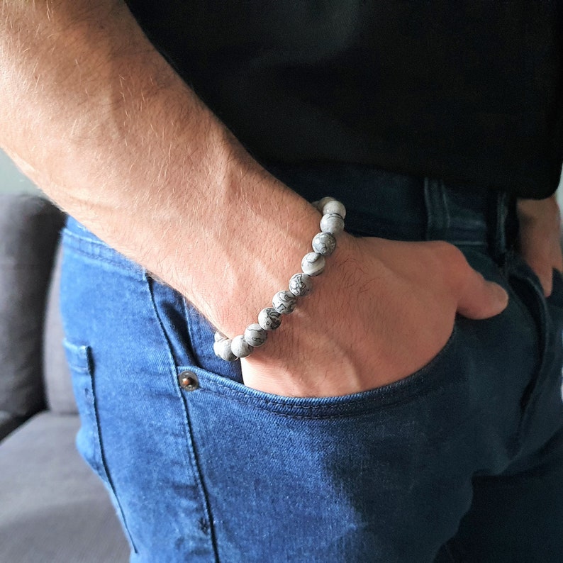 Mens bracelet Jasper Handmade Jewelry for men Gift for him Natural black and white stone bracelet Mens beaded bracelet Abstract bracelet.