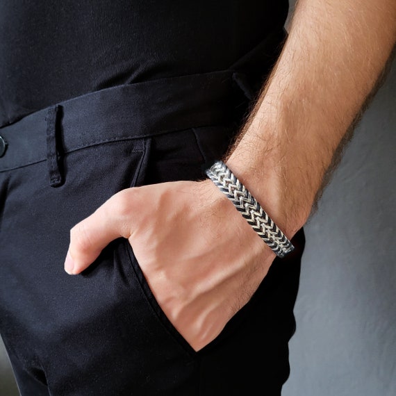 Amazon.com: GCTEEBR Stainless steel natural tiger's eye bead bracelet men's  hand woven leather titanium bracelet (Black,19): Clothing, Shoes & Jewelry