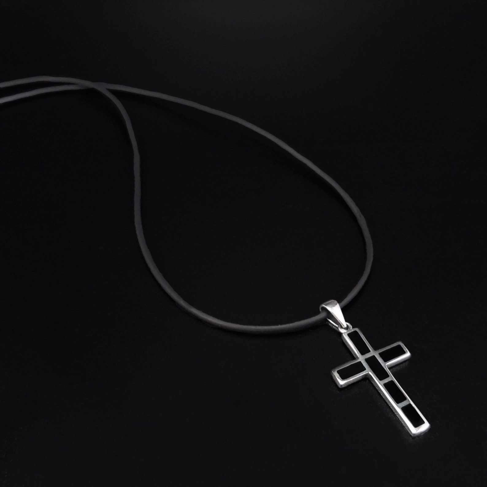 Mens Silver Cross Necklace Black Onyx Gemstone Handmade Etsy