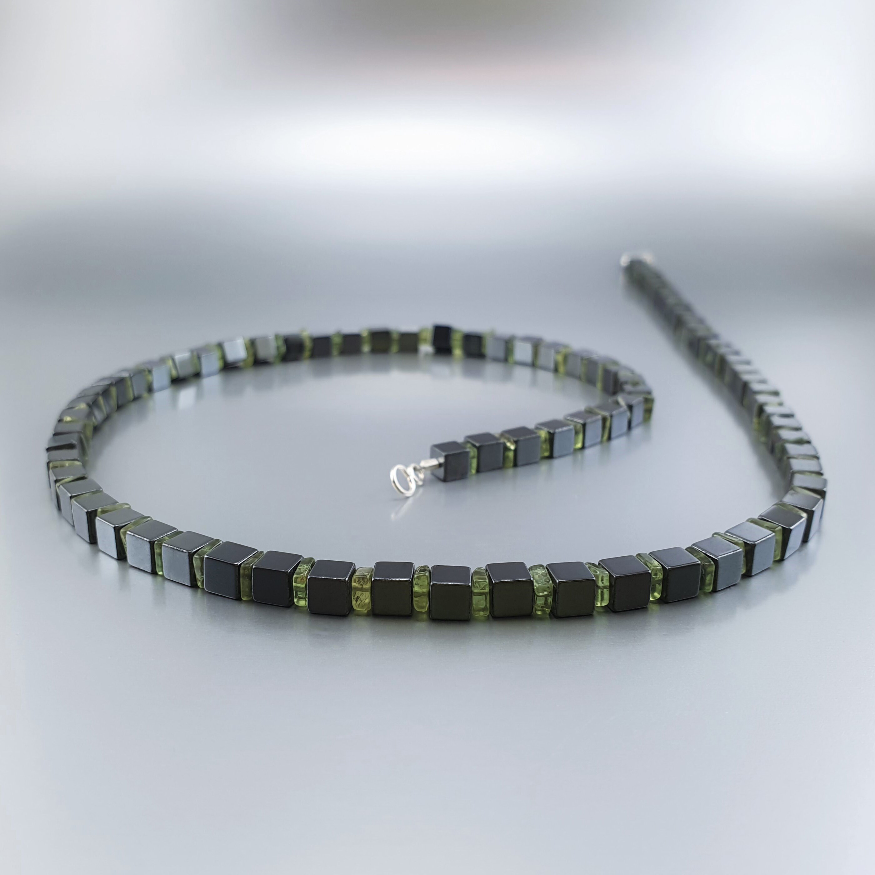 Mens Necklace Peridot Hematite Gemstone 