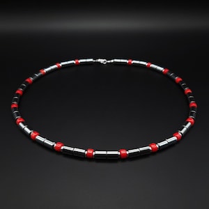 Mens necklace Red Coral grey Hematite gemstone, Handmade Jewelry for men, Natural Red Stone chain necklace, Unique gifts for men, for him
