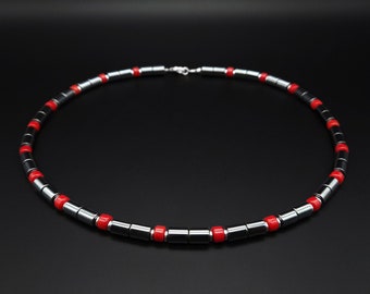 Mens necklace Red Coral grey Hematite gemstone, Handmade Jewelry for men, Natural Red Stone chain necklace, Unique gifts for men, for him