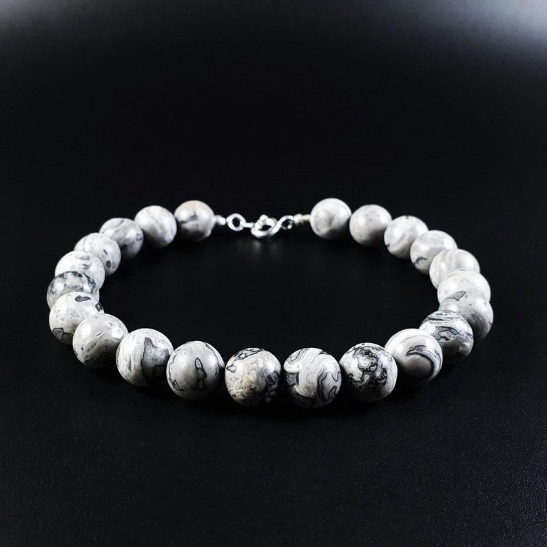 Mens bracelet Jasper Handmade Jewelry for men Gift for him Natural black and white stone bracelet Mens beaded bracelet Abstract bracelet.