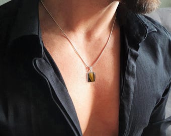 Mens pendant necklace Tigers eye gemstone, Handmade jewelry for men, Stone Silver pendant, Mens jewelry, Unique gift for men, Gift for him