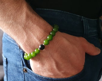 Mens bracelet green Jade Handmade Jewelry for men Gift for him Natural black stone bracelet Mens beaded bracelet.