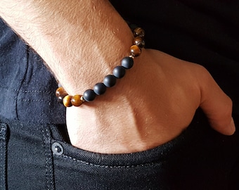 Mens bracelet black onyx Tigers eye gemstone, Handmade Jewelry for men, Natural stone bracelets for men, Unique gifts for men, Gift for him