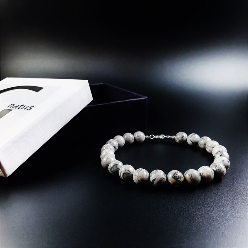 Mens bracelet Jasper Handmade Jewelry for men Gift for him Natural black and white stone bracelet Mens beaded bracelet Abstract bracelet.