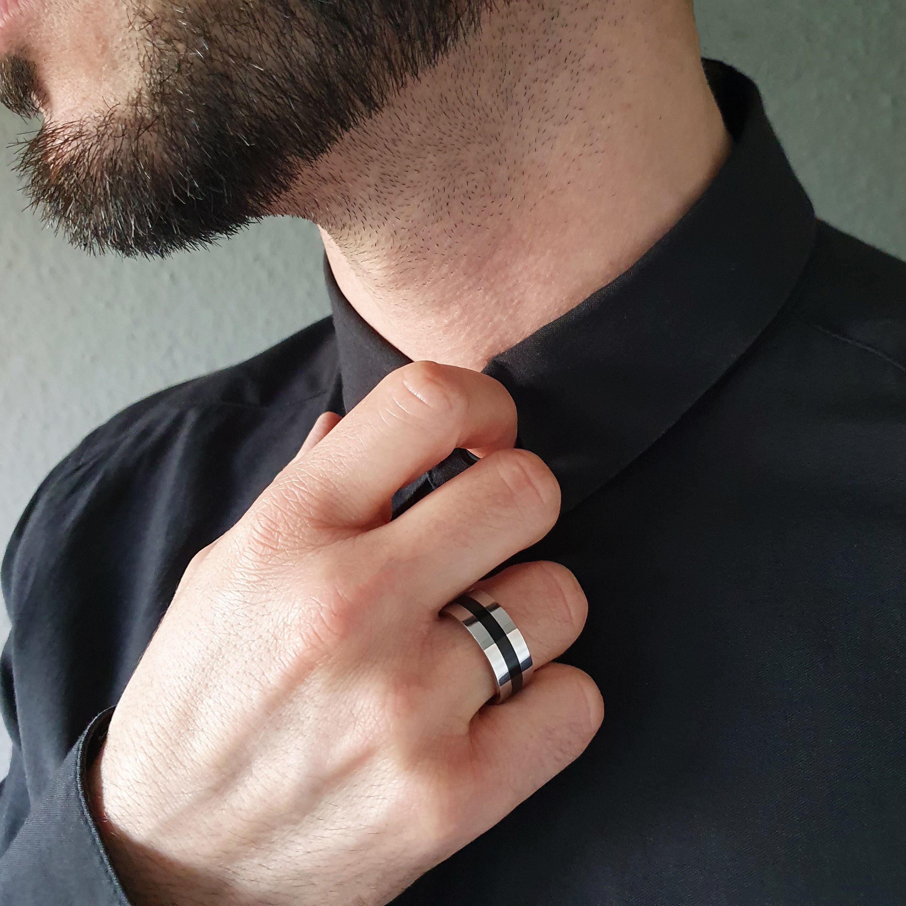 Mens Ring Black Silver Band, Rings for Men, Mens Jewelry
