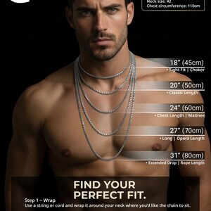 May include: A silver-toned box chain necklace displayed in five lengths: 18 inches, 20 inches, 24 inches, 27 inches, and 31 inches. The graphic includes text labels for each length, model measurements, and instructions to find your perfect fit.
