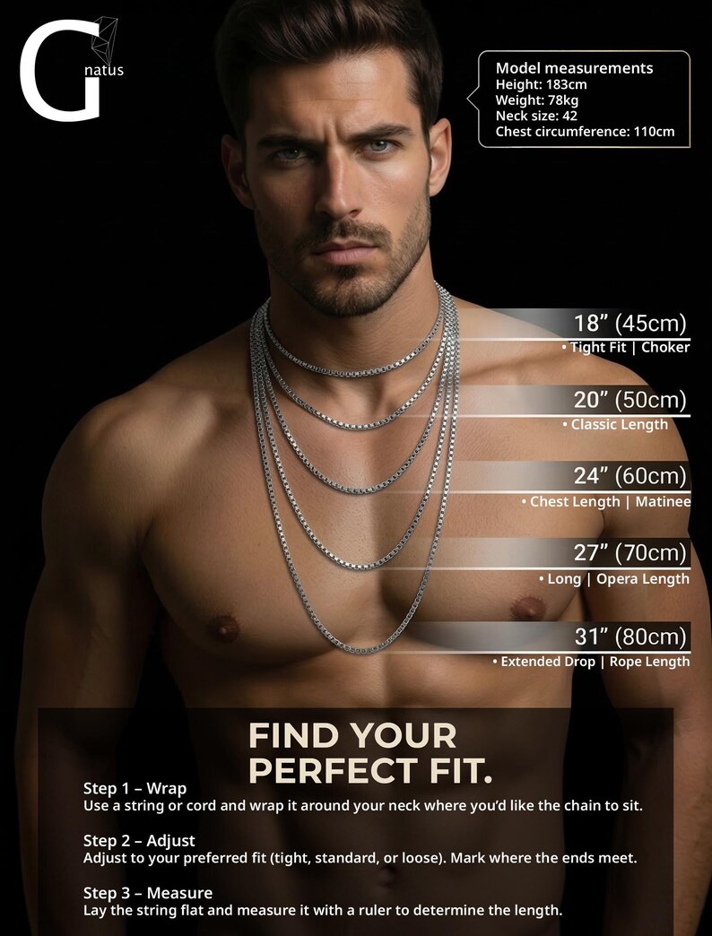 May include: A silver-toned box chain necklace displayed in five lengths: 18 inches, 20 inches, 24 inches, 27 inches, and 31 inches. The graphic includes text labels for each length, model measurements, and instructions to find your perfect fit.