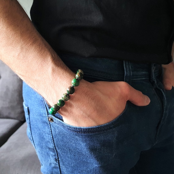 Bracelet Vintage Argent 925 Avec Pierres (amazonite, Jaspe...) - Style Moderniste, Longueur 20 Cm