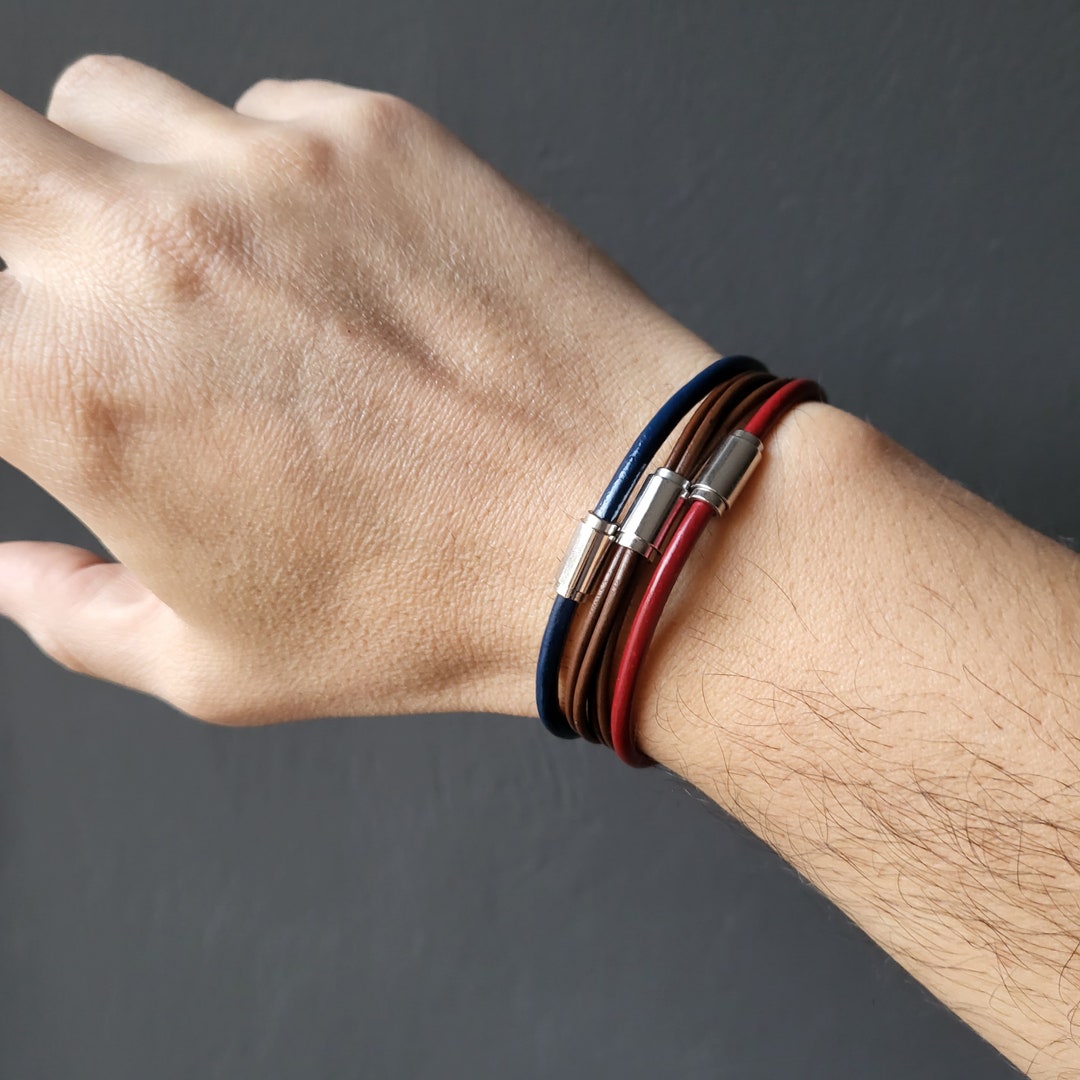 3x Mens Leather Strap Bracelets Red Blue Brown, Stainless Steel Bracelet, Leather Wristband