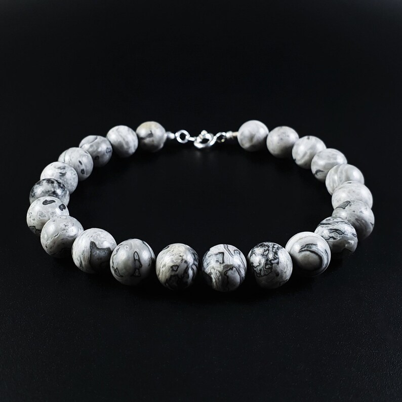 Mens bracelet Jasper Handmade Jewelry for men Gift for him Natural black and white stone bracelet Mens beaded bracelet Abstract bracelet.
