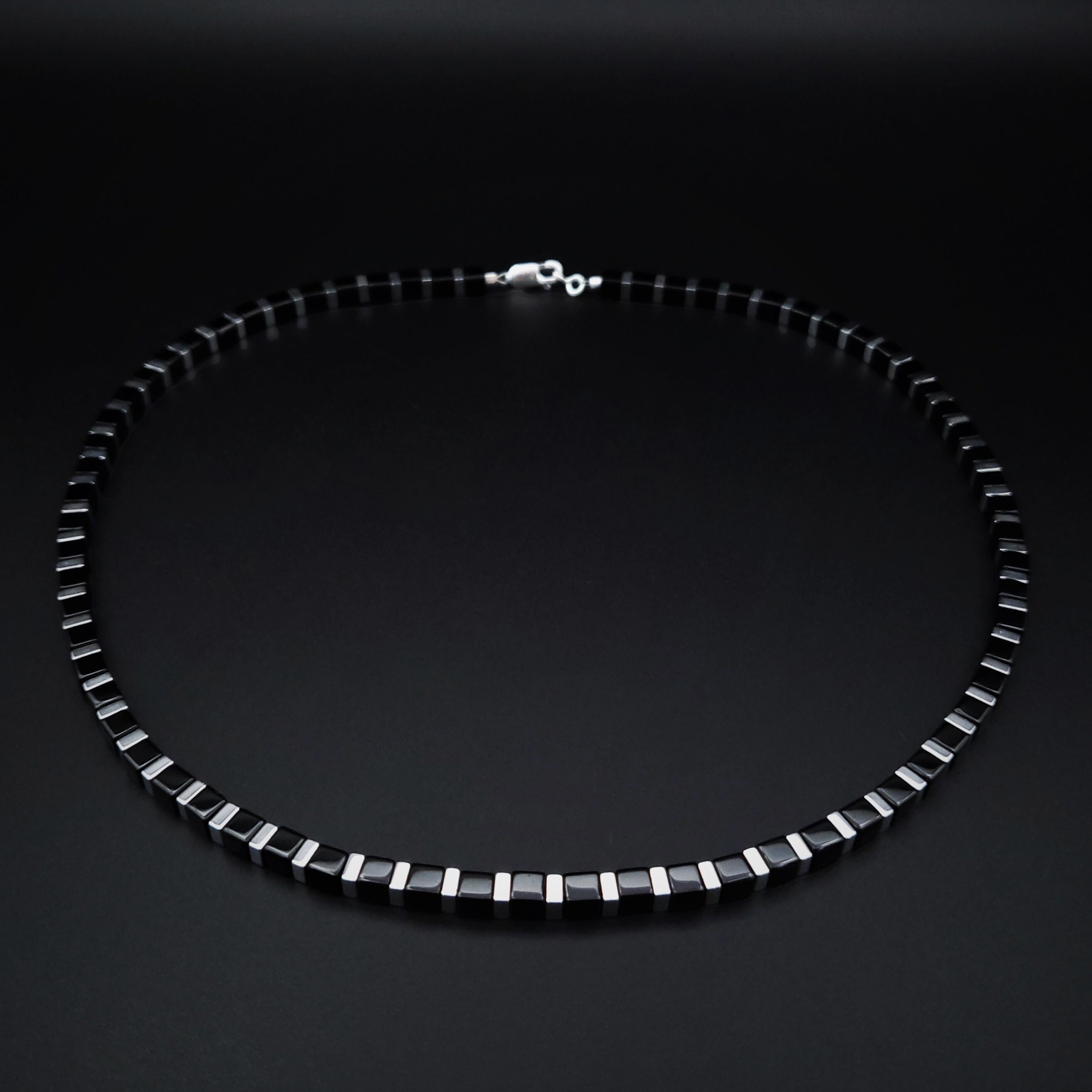 Mens Necklace Black Obsidian Silver 