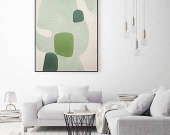 Shade of green modern wall art. Large textured interior home decor. Minimal painting on canvas.  Pastel and green wall decor.