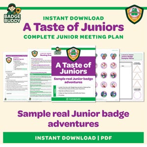 Peut inclure: Un plan de réunion numérique intitulé A Taste of Juniors avec une couverture violette et blanche et un logo en forme de bouclier vert. Le document comprend des pages pour des activités de laboratoire, des résumés et des graphiques de badges.