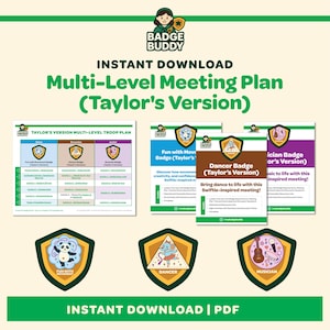 May include: A digital download graphic with the text "Multi-Level Meeting Plan (Taylor's Version)". The image features several badge designs, including "Fun with Movement", "Dancer", and "Musician" badges, along with meeting plan templates.