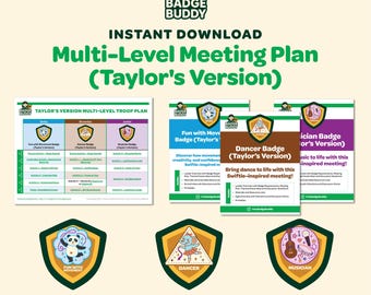 以下が含まれることがあります： 「Multi-Level Meeting Plan (Taylor's Version)」のテキストが入ったデジタルダウンロード画像。 「Fun with Movement」、「Dancer」、「Musician」のバッジデザインと、会議プランのテンプレートが特徴です。「Instant Download | PDF」の文字も表示されています。