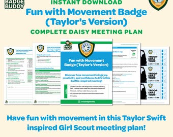 以下が含まれることがあります： ガールスカウトの会議計画をダウンロードできます。「Fun with Movement Badge (Taylor's Version)」と題されたこの計画には、会議の概要、アクティビティガイド、印刷可能なリソースが含まれています。デザインには、緑、青、白の要素が組み込まれています。