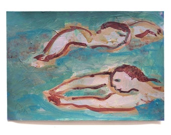 Originalbild, DIN A5, "Schwimmen", Mann und Frau im Wasser, figurative Malerei auf Papier