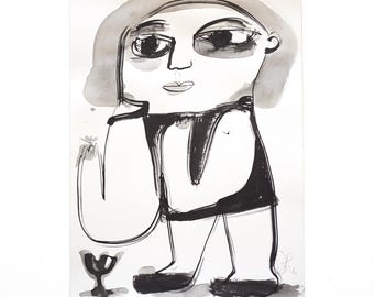 ORIGINAL ink drawing, DIN A4 (8,3/ 11.7"), "woman with flower", expressive woman figure, abstract  figurative painting on paper