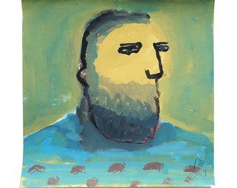 Image originale, 15/15 cm, portrait d'homme à barbe, figure masculine, peinture figurative minimaliste sur papier, petite fresque murale