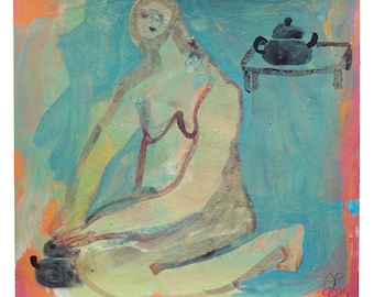 Image originale, 20/20 cm, « L'heure du thé », figure féminine avec théière, peinture figurative expressive naïve sur papier