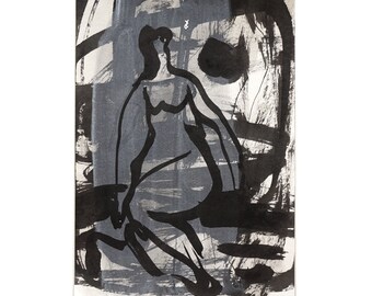original ink drawing, DIN A5 (5.8/8.3"), abstract female figure/ nude in shades of black and grey