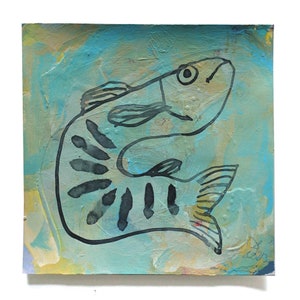 Originele afbeelding, 15/15 cm, "Vis in het water", schilderij op papier, kleine vrolijke muurschildering