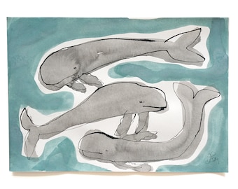 ORIGINAL ink drawing, DIN A4 (11.7/ 8.3"), "school of whales", simple, childlike whaledrawing