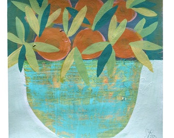original drawing 20/20 cm (7.9"/7.9"), "orange fruits", abstract still life, painting on paper, organic shapes, decorative wallart