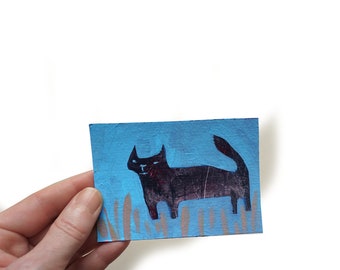 MiniTrash Bild, "black cat", DIN A7, kleines Katzenbild, Originalbild