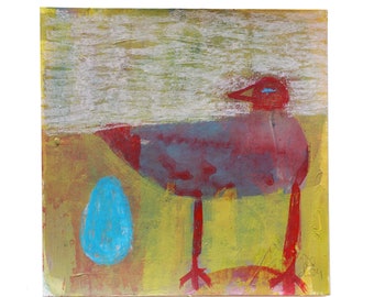 Image originale, 15/15 cm, « œuf bleu », peinture naïve et dessin au pastel à l'huile sur papier, petite image d'oiseau heureux