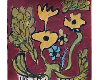 Originalbild, 15/15 cm, trashiges Blumenbild, abstrakt florale Malerei auf Papier, kleines Wandbild