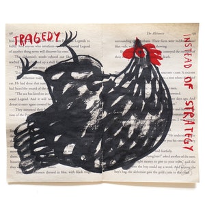 Originele illustratie, 21 x 17 cm, "tragedie in plaats van strategie", zwarte kip, haan, humoristisch schilderij op paperbackpagina's
