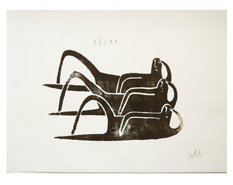 Impression linogravée, 28/21 cm, "relax", trio de personnages détendu