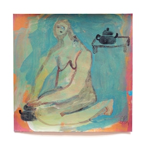 Origineel schilderij, 20/20 cm, "Tijd voor thee", vrouwenfiguur met theepot, naïeve expressieve figuratieve schilderkunst op papier