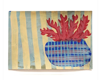 Schilderij op papier, DIN A5, "rode plant", vrolijke bloemen muurdecoratie