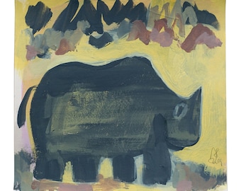 Image originale, 15/15 cm, "Rhino", peinture naïve sur papier, petite fresque murale