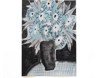 Tusche, DIN A5, "Blumen in Vase #05", abstrakt florale Malerei auf Papier