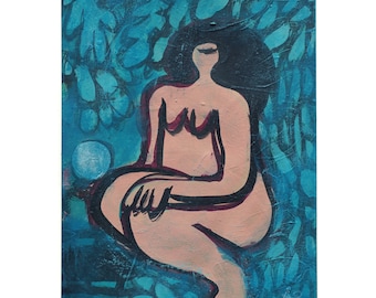 original drawing, DIN A5 (5.8/8.3"), "moonlit night", sitting female figure/ nude, naive figurative painting on paper